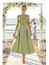 economico Abiti da cocktail-Linea ad A Lunghezza Tè Perline ricamate Abito Formale Abito da madre della sposa Abiti da Cocktail Abiti per invitati a matrimoni Elegante Pastello Manica 3/4 Scollo a Barca Formale Cocktail party