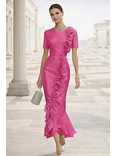 billiga Cocktailklänningar-Mermaid / Trumpet Evening Ankle Length Cocktail Dresses Wedding Guest Dresses Elegant Short Sleeve Crew Neck Garden Party Formal Satin with Ruffles