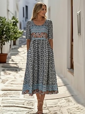 preiswerte Druck Blumen Kleider-Damen Midikleid Freizeitkleid A Linie Kleid Blumenkleid Elegant Mode Modern Outdoor Urlaub Ausgehen Normale Passform Blumen Halbarm V Ausschnitt Blau Rosa Königsblau Dunkelgrün Sommer Frühling