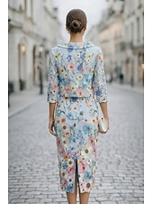 economico Set di abiti per la mamma-Due Pezzi Tubino Colonna Abito Lunghezza Tè Vestito da Festa Abito da Cocktail Abito da invitata a nozze Abito da cerimonia per signora Manica Lunga Scollo a Barca Elegante Vintage Formale Ospite di