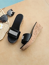 economico Donne-eleganti sandali con zeppa neri da donna - comode ciabatte con plateau e motivo in sughero con decorazioni in strass scintillanti per vacanze in hotel di lusso, feste a bordo piscina &amp;abbigliamento da