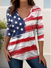 ieftine Ziua Independenței Top-Ziua Independenței Americane Pentru femei Tricou Imprimeu Grafic Steagul american Epocă Stilat Clasic Manșon Lung În V Topuri lungi Zilnic Sfârșit de săptămână Albastru piscină Roz Îmbujorat