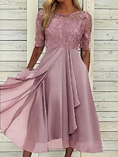 preiswerte Chiffonkleider-Damen Midikleid Spitzenkleid Cocktailkleid Kleid für Hochzeitsgäste Chiffonkleid Elegant Formell Party Hochzeit Normale Passform Halbarm Rundhalsausschnitt Blau Rosa Wein Dunkelgrün Sommer