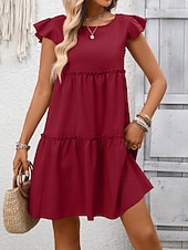 baratos Vestido branco-Mulheres Minivestido Vestido casual vestidos peplum Elegante Moda Moderno Ao ar livre Férias Para Noite Ajuste Largo Tecido Manga Curta Gola Redonda Azul Preto Verde Tropa Vinho Verão Primavera