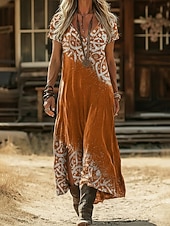 お買い得  エスニックボヘミアンドレス-女性用 マキシドレス 自由奔放に生きるドレス カジュアルドレス A ラインドレス プリントドレス ヴィンテージ アウトドア バケーション 週末 ルーズフィット グラフィック 半袖 Ｖネック ブラック イエロー ライトグリーン ピンク 夏 春