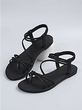 baratos Sandálias Planas-Sandálias rasteiras pretas minimalistas femininas com tiras - calçado confortável para caminhadas de verão com design de tira em T e tira segura no tornozelo, ideal para férias na praia e viagens ao