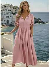 tanie Białe koronkowe sukienki-Damskie Sukienka midi Biała sukienka Sukienka A line Plisowana sukienka Zwykła sukienka Elegancja Moda Nowoczesny Codzienny Na zewnątrz Plaża Luźna Równina Krótki rękaw W serek Niebieski Czarny Biały