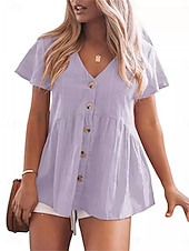 preiswerte Hemden-Damen Hemd Baumwolle Gerafft Patchwork Knöpfe Einfach Elegant Urlaub Stilvoll Kurzarm V Ausschnitt Normale Oberteile Täglich Strand Ferien Schwarz Hellgrün Rosa Rote Violett Sommer Frühling