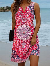 preiswerte Boho Kleider-Damen Minikleid Shiftkleid Sommerkleid Urlaub Lässig Boho Täglich Ferien Ausgehen Normale Passform Grafik Stammes Ärmellos Einkerbiger Ausschnitt Blau Rote Orange Grün Sommer Frühling