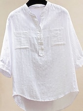 cheap Plain Blouses-Women's 100% Cotton Blouse Shirt Faux Linen Solid Color Elegant Daily Basic Long Sleeve V Neck Regular Tops Daily Black White Yellow Purple Spring Fall