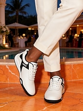 Χαμηλού Κόστους Ανδρες-Ανδρικά λευκά και μαύρα αθλητικά παπούτσια με αντίθεση, ελαφριά, μοντέρνα casual παπούτσια με κορδόνια για βραδιές σε θέρετρα, παραθαλάσσιες αποδράσεις, πάρτι δίπλα στην πισίνα, ταξίδια διακοπών, smart casual βραδινά σύνολα