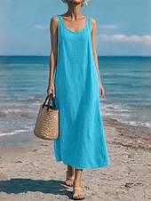 economico Vestiti-Per donna Abito maxi Finto cotone e lino Abito a Tubino Abito Estivo Abito Sottoveste Casual Spiaggia Quotidiano Vestibilità comoda Semplice Senza Maniche Collo a U Blu blu navy Giallo Rosso Estate