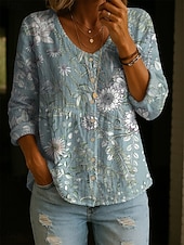 economico Bluse Floreali-Per donna Blusa Bottoni Stampato Floreale Elegante Vacanza Casual Manica Lunga Girocollo Top Regolari Quotidiano Blu Bianco Rosa Viola Verde Estate Primavera Autunno