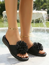 ieftine Sandale tip slide-Sandale galbene plate pentru femei – sandale cu imprimeu floral pentru ieșiri casual, petreceri în grădină și vacanțe de vară