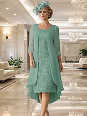  Linha A Até os Joelhos Vestido de convidada de casamento Vestido Para Mãe dos Noivos Manga Longa Decorado com Bijuteria Elegante Tamanhos Grandes Convidado do casamento Chiffon Renda com Renda