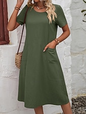 cheap Plain Dress-Women's Midi  Faux Cotton Linen  Dress A Line Dress Summer Dress Casual Daily Loose Fit Plain Short Sleeve Crew Neck Black Orange Army Green Apricot Summer