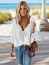 olcso Csipkés felsők-női bohém csipke blúz, v nyakú, hosszú ujjú, lezser, patchwork, egyszínű, fehér ing, tavaszi/nyári viseletre