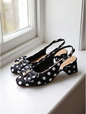 abordables escarpins à talon ouvert-Escarpins à pois pour femmes - élégants escarpins à bride arrière noirs et blancs avec nœud &amp;Détails en perles pour les soirées vintage et les événements rockabilly &amp;vêtements de bureau classiques