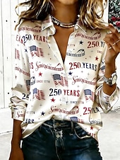 halpa Itsenäisyyspäivä Huippu-Amerikan itsenäisyyspäivä Naisten Paita Napit Painettu Kuvitettu Amerikan lippu Vintage Tyylikäs Moderni Pitkähihainen Paitapuserokaula-aukko Tavalliset topit Päivittäin Työ Sininen Rubiini Beesi