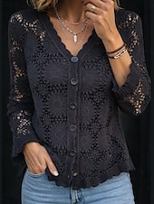 ieftine Topuri din dantelă-Pentru femei Cămașă din dantelă Bluză Dantelă Nasturi Culoare solidă Elegant Stilat Casual Manșon Lung În V Topuri obișnuite Zilnic Negru Alb Bej Vară Primăvară Toamnă