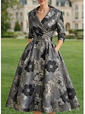 billige Te Lengde-A-linje Te-lengde Blazer kjoler Kjole til brudens mor Langermet Skjortekrage Elegant Årgang Formell Bryllupsgjest Bryllupsfest Sateng Jacquard med Plissert Blomst