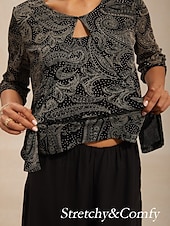 tanie Eleganckie bluzki-Damskie Koszula Boho Bluzka Eleganckie topy Błyszczący W Tureckie Wzory Elegancja Elegancki Rękaw 3/4 Półgolf Zwykłe topy Codzienny Praca Gość weselny Czarny Lato Wiosna Jesień