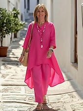 voordelige Stelt in-Dames Set met linnenlook Broeken Sets 3/4 mouw Strakke ronde hals Effen Met ruches Modieus Streetwear Casual Dagelijks Buiten blauw Zwart Wit Zomer Ruim Passend