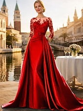 voordelige Vloerlengte-A-lijn Strijksleep Bruiloft gast jurk Formele jurk Avondjurk Moeder van de bruid jurk Lange mouw Met sieraad Elegant Zijdeachtig Kerstmis Formeel Satijn met Appliqués