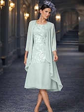 זול ערכות שמלות של אמא-שני חלקים מעטפת עמוד באורך הקרסול שמלת אורח לחתונה שמלה לאם הכלה  ללא שרוולים עם תכשיטים אלגנטית אורחת חתונה מסיבת החתונה שיפון תחרה שמלות ז'קט עם אפליקציות