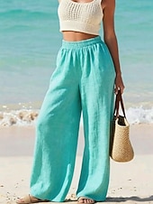 abordables Bas-Femmes Pantalon effet lin Jambe large Chinos Pantalon d'été Vacances Streetwear Basique Longueur complète Taille moyenne Uni Avec Poches Taille Élastique Confortable Respirant Micro-Élastique