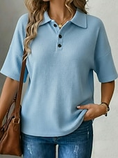 preiswerte Einfarbiges T-Shirt-Damen T Shirt Poloshirts Waffelstricktops T-Shirt Einfarbig Grafik Einfach Mode Klassisch Lässig Kurzarm Hemdkragen Normale Oberteile Täglich Ausgehen Wochenende Schwarz Weiß Rote Himmelblau Orange