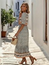 preiswerte Druck Blumen Kleider-Damen Midikleid Freizeitkleid A Linie Kleid Blumenkleid Elegant Mode Modern Outdoor Urlaub Ausgehen Normale Passform Blumen Halbarm V Ausschnitt Blau Rosa Königsblau Dunkelgrün Sommer Frühling