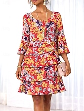abordables Robes en chiffon-Femmes Bleu Ciel Vert Claire Orange Été Printemps Mini Robe Robe fourreau Occasionnel Formel Coupe régulière Fleuri Graphique Col ras du cou