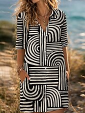  Per donna Mini Abito Finto cotone e lino Abito Camicia Vestito Casual Abito Stampato Moda Moderno Quotidiano All'aperto Weekend Vestibilità regolare Linea Manica 3/4 Colletto a Camicia Nero Estate