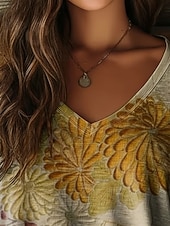  Per donna Maglietta Stampato Floreale Grafico Vintage Casual Boho Manica Lunga Scollo a V Top Regolari Quotidiano Cachi Primavera Autunno
