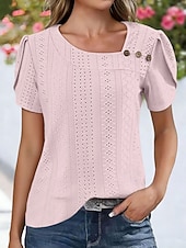 Χαμηλού Κόστους Δαντέλα κορυφές-Γυναικεία Πουκάμισο Πουκάμισο Pointelle Κορυφή ματιών Μπλούζα Μικρή Οπή Κουμπιά Σκέτο Βίντατζ Στυλάτο Κλασσικό Κοντομάνικο Ασύμμετρο Κανονικά μπλουζάκια Causal Καθημερινά Παραλία