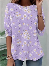 preiswerte Blumenblusen-Ramadan Damen T Shirt Druck Blumen Grafik Pflanzen Bohemien Vintage Stilvoll Langarm Rundhalsausschnitt Normale Oberteile Täglich Wochenende Urlaubskleidung Blau Schwarz Gelb Rosa Rote Sommer Frühling