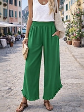  Mulheres Calças de linho de algodão Perna larga chinês Férias Roupa de rua Básico Comprimento total Cintura Média Tecido Bolsos Cintura elástica Confortável Respirável Sem Elasticidade Diário Ao ar