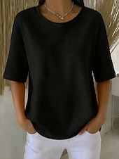 Недорогие Простая футболка-Жен. Вафельная рубашка Футболка Футболки Топы в вафельном вязании Сплошной цвет Классика Современное На каждый день С короткими рукавами Вырез под горло Обычные топы Повседневные Праздники На выход