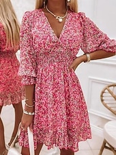 baratos Vestidos Boho-Mulheres Minivestido Vestido Boho Vestido antigo Vestido casual Vestido floral Elegante Moda Moderno Praia Férias Para Noite Normal Floral Meia Manga Decote V Azul Verde Cinzento Verão Primavera