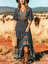 cheap Western Boho Dress-Women's Maxi Dress Boho Dress Casual Dress Floral Dress Elegant Fashion Modern Outdoor Beach Vacation Loose Fit Paisley Short Sleeve V Neck Blue Black Yellow Red Summer Spring