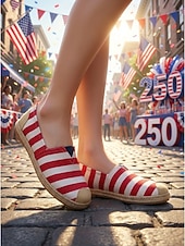 economico Scarpe da donna-Scarpe basse patriottiche da donna USA 250 - comode scarpe in maglia a righe blu e bianche con dettaglio a stella per il giorno dell'indipendenza americana e le parate. &amp;abbigliamento per le vacanze