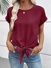 abordables T-shirt uni-Femmes T-shirt Nœud Uni Mode Élégant Classique Manche Courte Col ras du cou Hauts Réguliers Quotidien Sortir Week-end Noir Blanche Vin Marron Beige Été Printemps