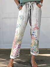 preiswerte Gerade geschnittene Hose-Damen Chinos Gerade Urlaub Streetwear Lässig Volle Länge Mittlere Taillenlinie Blumen Grafik Kordelzug Tasche Drucken Bequem Komfort Atmungsaktiv Mikroelastisch Täglich Outdoor Streetwear Blau