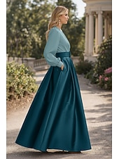 cheap A-Line Evening Dresses-A-Line Floor Length Evening Gown High Split Mother Of The Bride Long Sleeve V Neck Formal Wedding Guest Belt / Sash Satin with Pleats Slit