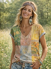 economico T-shirt Boho-Per donna Maglietta Stampato Floreale Grafico Bohemien Vintage Casual Manica Corta Scollo a V Top Regolari Quotidiano Verde primavera Giallo Rosa Verde militare Verde scuro Estate Primavera