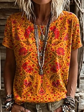 levne Boho tričko-Dámské Tričko Tisk Grafika Rostliny Vinobraní stylové Klasické Krátký rukáv Tričkový Běžné topy Denní Víkend Rubínově červená Oranžová Béžová Léto Jaro