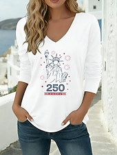 billiga Självständighetsdagen Topp-Amerikanska självständighetsdagen Dam T-shirt T-tröja Mönster Grafisk Mode Modern Ledigt Långärmad V-hals Vanliga toppar Dagligen Utekväll Helgen Blå Svart Vit Vin Armégrön Vår Höst