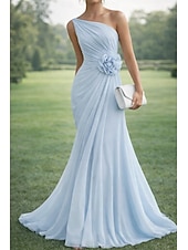 economico Abiti da Sera a Linea A-Linea ad A Lunghezza al pavimento Abito da Sera Da principessa Elegante Madre della sposa Senza Maniche Monospalla Matrimonio Formale Chiffon con Fiore ricamato Pieghe Arricciato