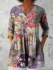 Damen Bluse Druck Blumen Urlaub Täglich Lässig Dreiviertelarm V Ausschnitt Normale Oberteile Täglich Ferien Ausgehen Blau Königsblau Purpur Grün Sommer Frühling Herbst